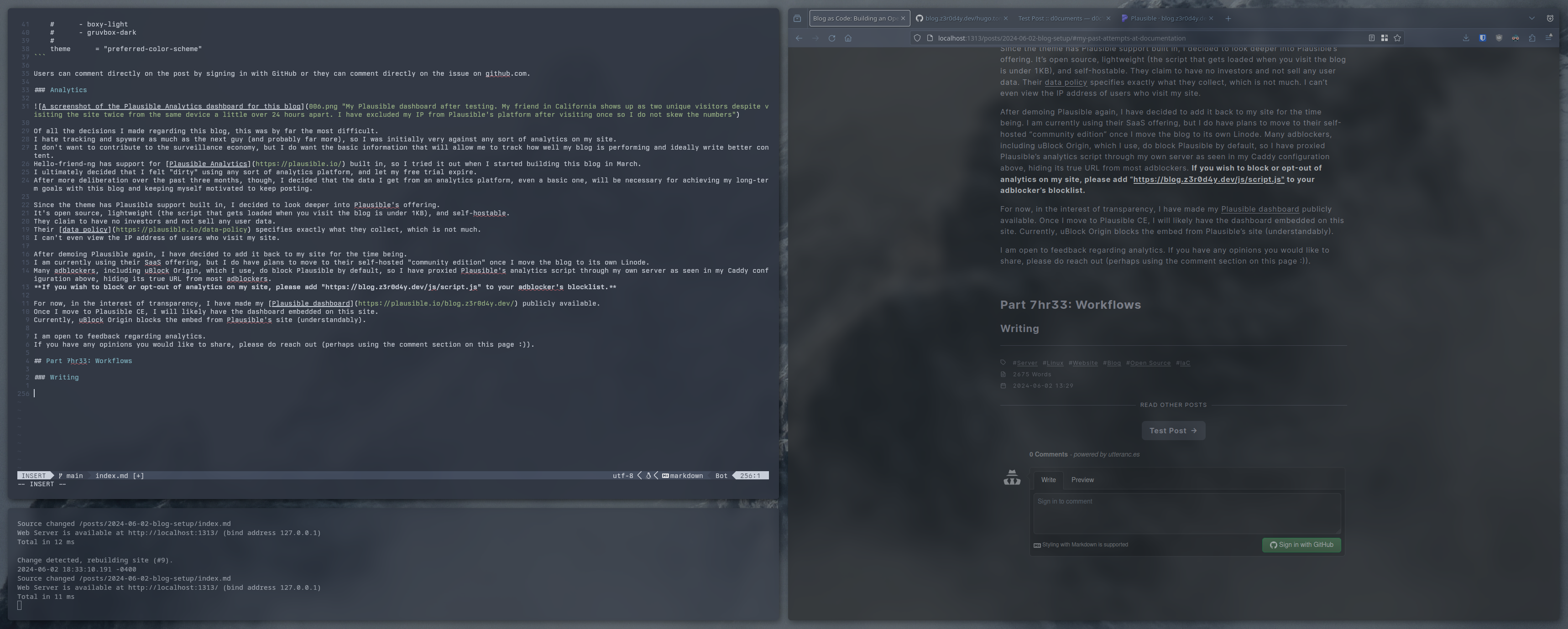 A screenshot of an i3 desktop on an ultrawide display. On the left side, the source file for this article is open in Neovim with a small terminal showing the output of the &ldquo;hugo serve -D&rdquo; command. On the right side, the Hugo-served development site is open in Firefox. There are three additional tabs open in Firefox: The GitHub repository for this blog, the live, production version of this blog, and the Plausible Analytics dashboard for this blog